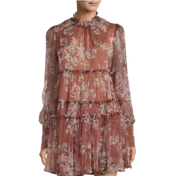 En Saison Dress S Nella Chiffon Tiered Floral Mini Lined Babydoll‎ Mauve Peasant - Picture 2 of 16